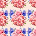 Seamless pattern with rose flower, dephinium and fern watercolor on background